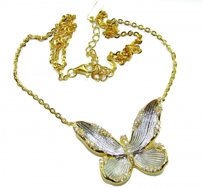 Golden Butterfly White Topaz highly polished 18K Gold over .925 Sterling Silver Italy made necklace