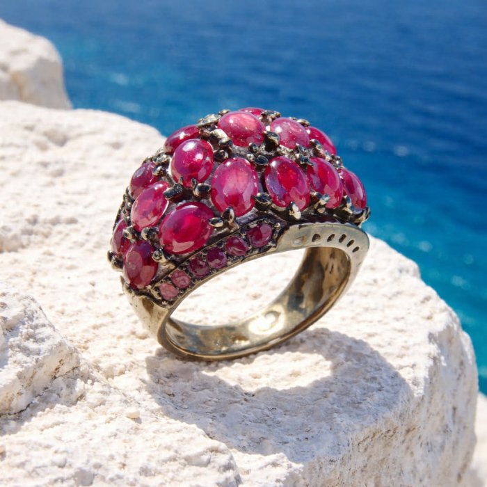 Bella Rosa Genuine 22.8 carat Ruby .925 Sterling Silver dipped in black rhodium Statement Ring size 9 - video