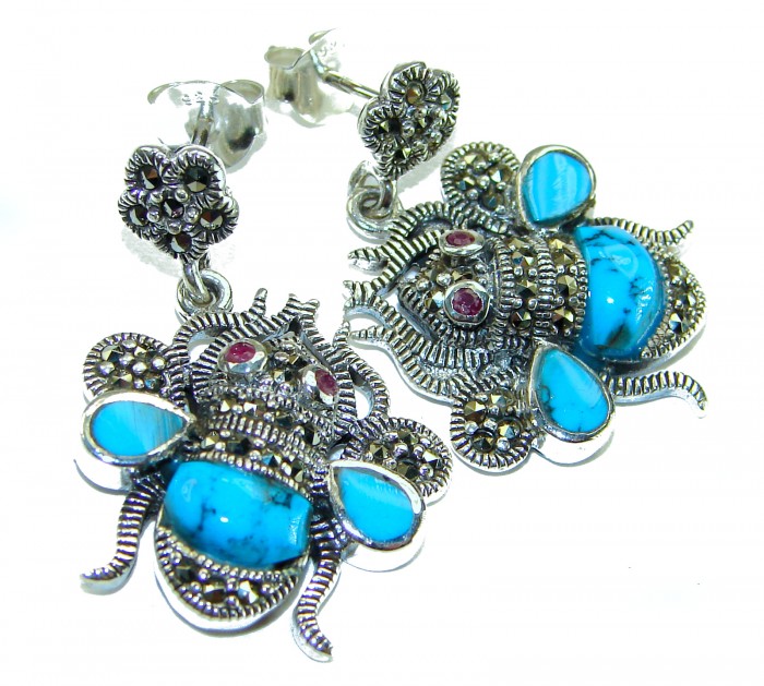 Blue Bees inlay Turquoise Ruby Marcasite .925 Sterling Silver Handcrafted earrings