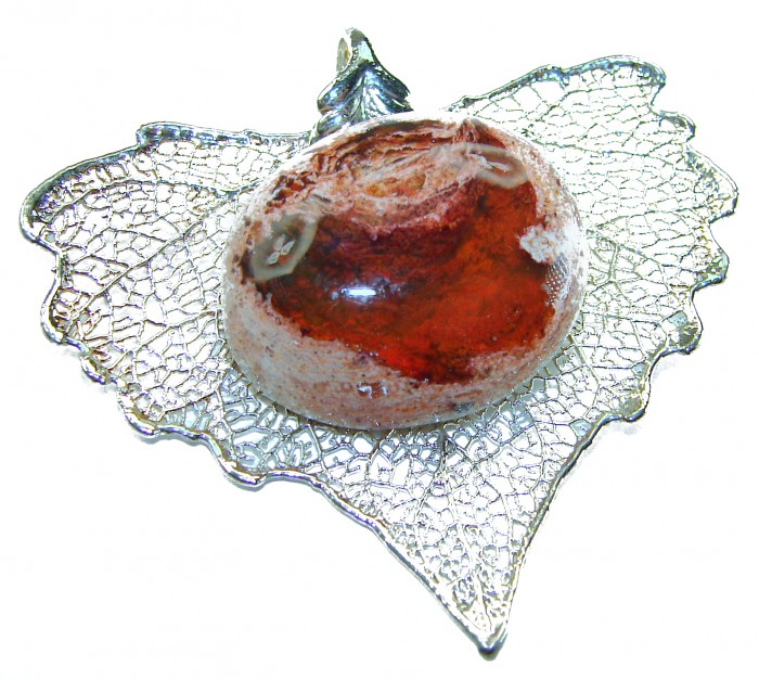 Rain Drop REAL Leaf dipped in Sterling Silver and 25.5 carat Mexican Opal & .925 Sterling Silver Pendant