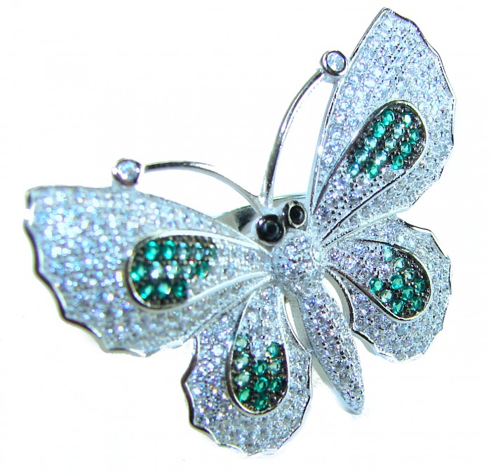 Precious Butterfly Genuine 10.5 carat Emerald .925 Sterling Silver handmade LARGE Statement Ring size 8 1/4
