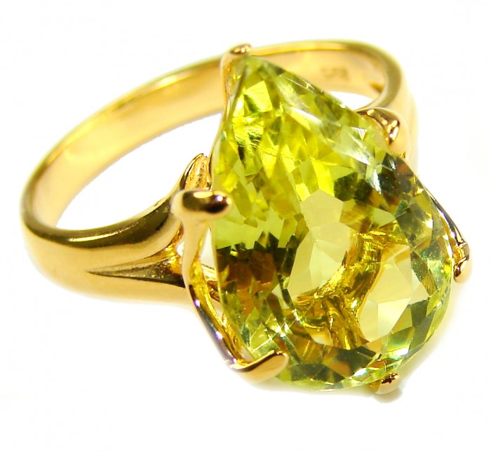 Solid 11.8 carat Genuine Lemon Quartz .925 Sterling Silver DIPPED IN REAL 18K GOLD handcrafted ring size 8