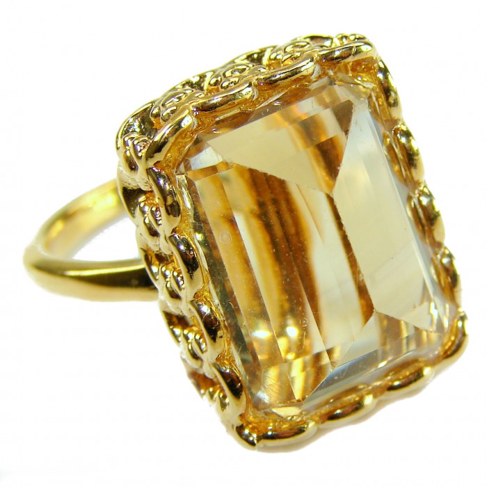 18.8 carat Genuine Lemon Quartz 14K Gold over .925 Sterling Silver handcrafted ring size 9 1/4