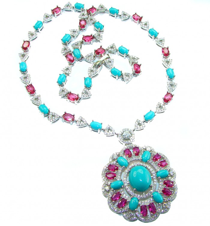 Art Deco - Pacifica - 68.4 carat Sleeping Beauty Turquoise Pink Tourmaline .925 Sterling Silver handmade Statement necklace; 18 inches long