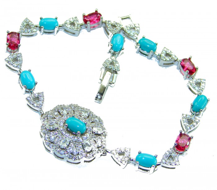 Art Deco - Pacifica - 18.4 carat Sleeping Beauty Turquoise Pink Tourmaline .925 Sterling Silver handmade Statement Bracelet