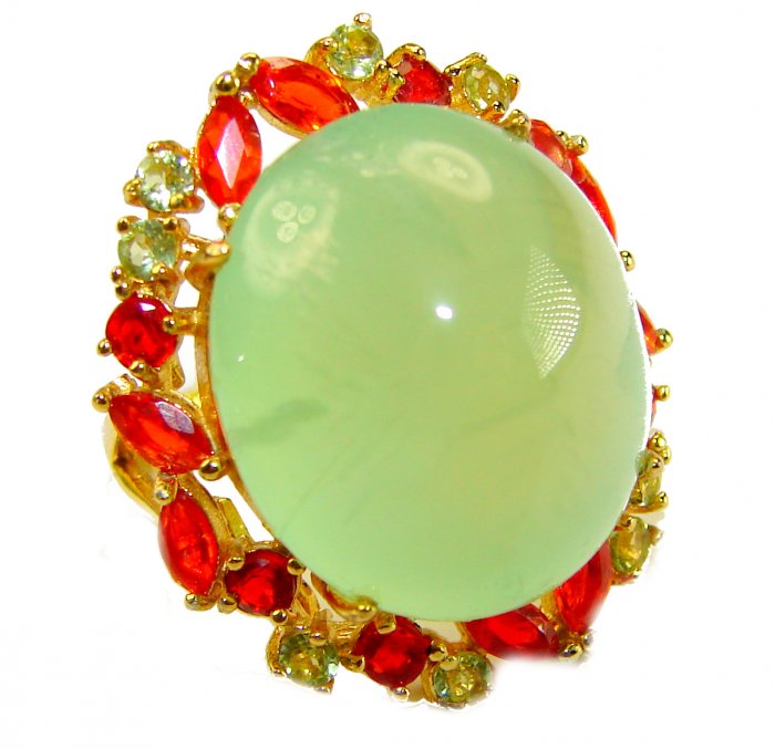 Vintage Style Best quality 27.8 carat Prehnite 18K Gold over .925 Sterling Silver handcrafted Ring Size 6 - video