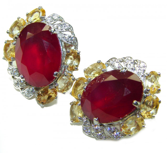 Black Lable Collection - Blooming Roses Authentic 28.9 carat Mozambique Ruby Rhodium over .925 Sterling Silver brilliantly handcrafted earrings