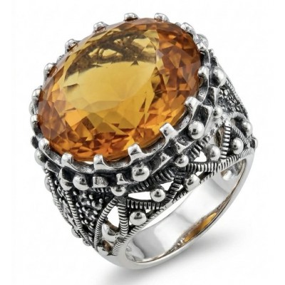 Serenity Natural 38.4 carat GOLDEN Topaz Marcasite .925 Sterling Silver handmade Large Statement Ring size 8
