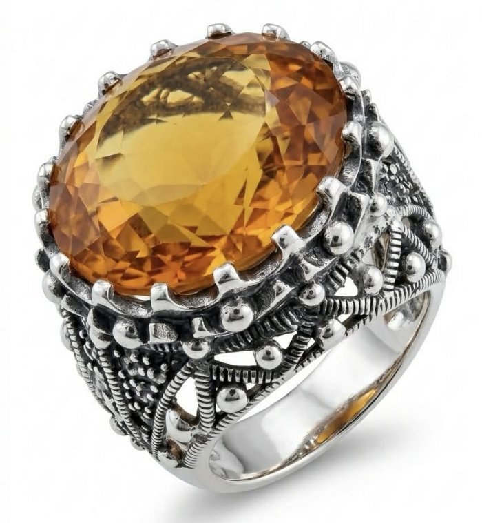 Serenity Natural 38.4 carat GOLDEN Topaz Marcasite .925 Sterling Silver handmade Large Statement Ring size 8 - video