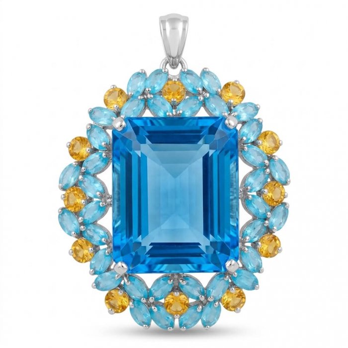 Majestic - Vintage style oval cut 46.8 carat Swiss Blue Topaz .925 Sterling Silver DIPPED IN RHODIUM handmade Pendant Brooch - video
