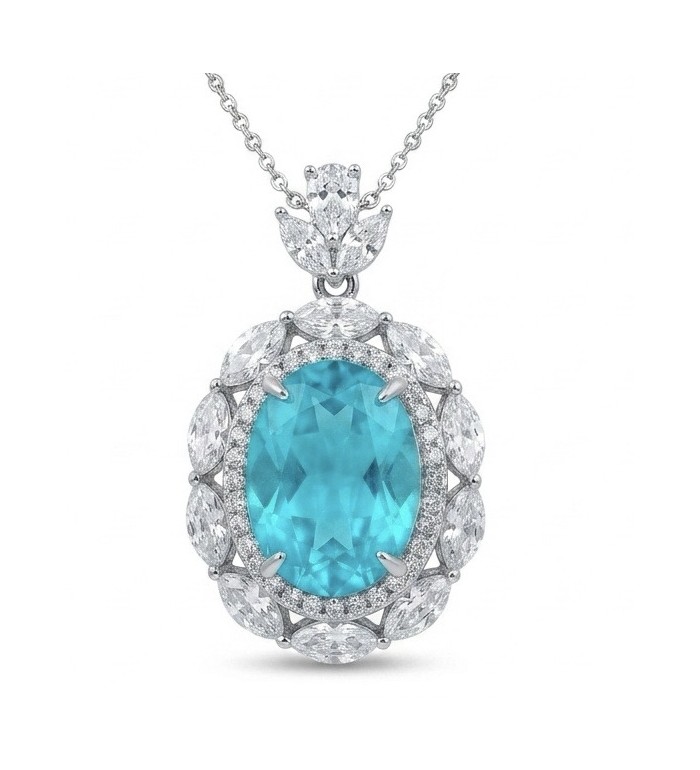 Wonderland 15.8 carat classic oval cut Paraiba Tourmaline .925 Sterling Silver Handcrafted Statement necklace