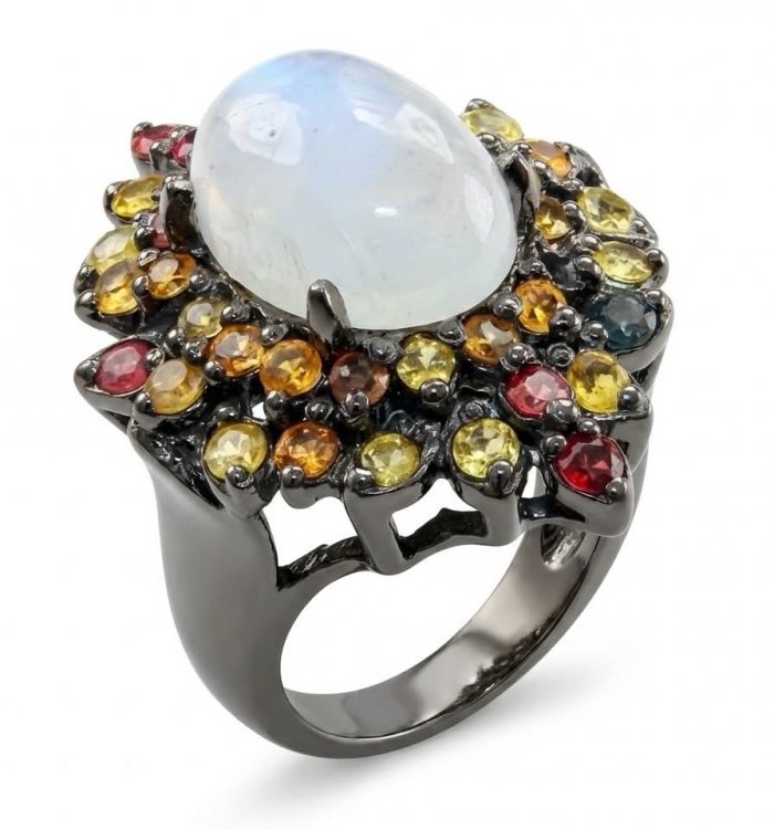 Best quality Genuine Fire Moonstone Sapphire black rhodium over .925 Sterling Silver handcrafted ring size 8 1/4 - video