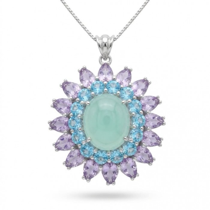 Royal quality genuine 19.8 carat Prehnite rhodium over .925 Sterling Silver handcrafted Pendant