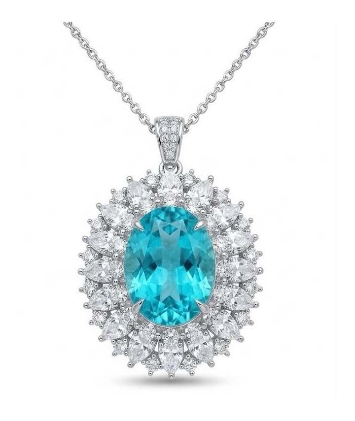Wonderland 18.5 carat fancy oval cut Paraiba Tourmaline .925 Sterling Silver Handcrafted Statement necklace