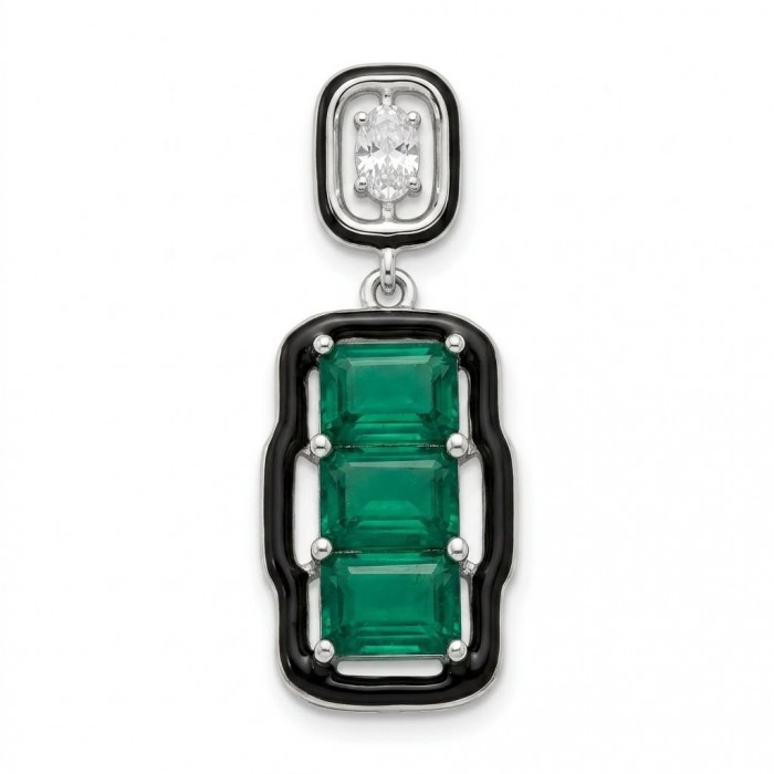 Art Deco 8.5 carat Emerald black enamel .925 Sterling Silver handmade Pendant