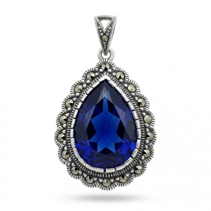 Julietta 14.5 carat London Blue Topaz Marcasite .925 Sterling Silver handmade Statement Pendant