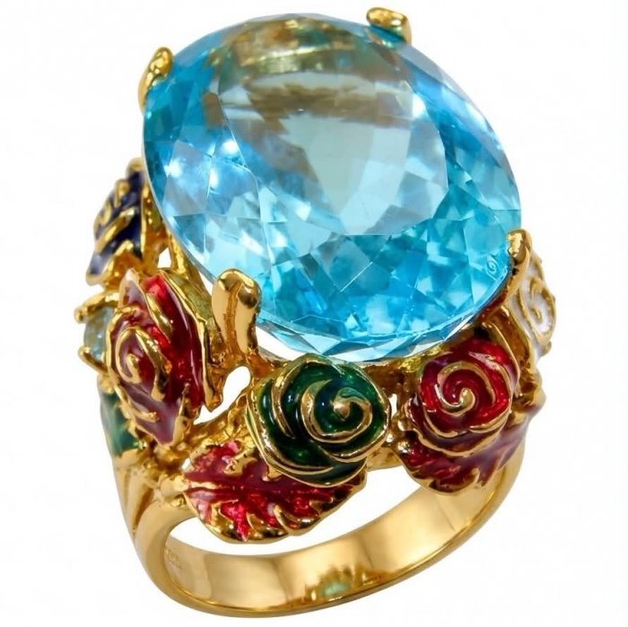 ENCHANTED GARDEN 25.3 carat Swiss Blue Topaz ENAMEL .925 Sterling Silver dipped in 22K Gold handcrafted Large ring size 7 3/4 - video