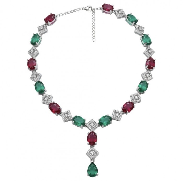 Ginevra - Luxurious natural 18.4 carat Ruby Emerald .925 Sterling Silver handmade Statement necklace