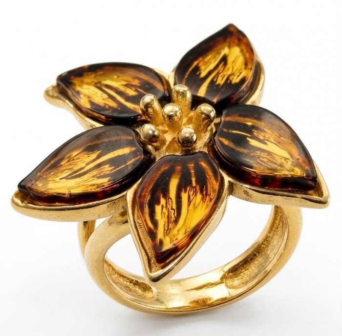 Golden Flower Authentic Baltic Amber 18K Gold over .925 Sterling Silver handcrafted ring; s. 7 adjustable