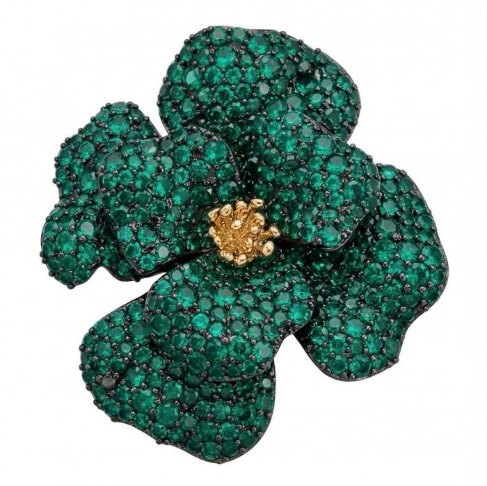 Retro Style - Precious Rose Genuine 22.5 carat Colombian Emerald black rhodium over .925 Sterling Silver handmade Pendant - Brooch - video