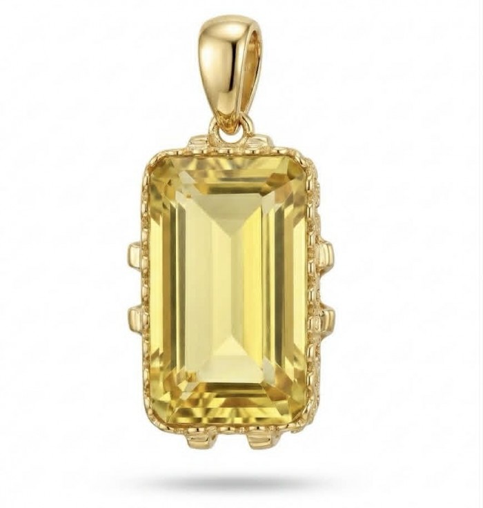 Emerald cut 10.3 carat Lemon Quartz 18K Gold over .925 Sterling Silver handcrafted pendant