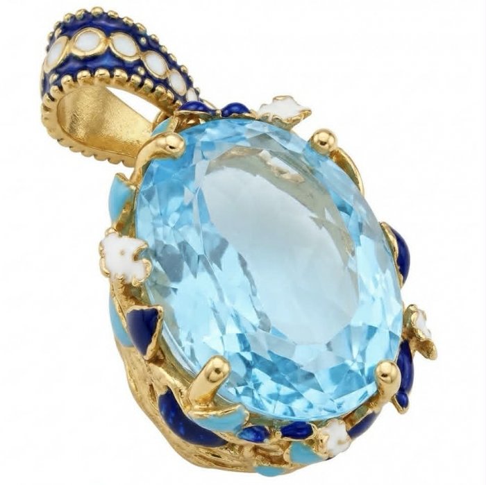 Atlantica 34.4 carat fancy oval cut Swiss Blue Topaz 18K Gold over Enamel .925 Sterling Silver handcrafted Handcrafted Pendant - video