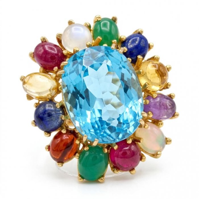 Dolce Vita 25.3 carat genuine Large Swiss Blue Topaz .925 Sterling Silver dipped in 22K Gold handcrafted Large ring size 8 - video