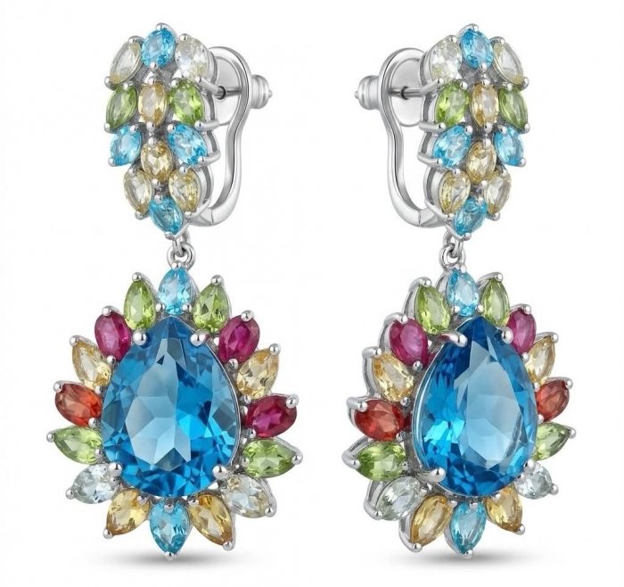 Atlantica 33.7 carat Swiss Blue Topaz .925 Sterling Silver dipped in rhodium Handcrafted Statement earrings - video