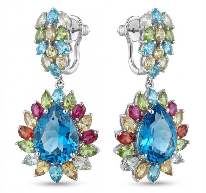 Atlantica 33.7 carat Swiss Blue Topaz .925 Sterling Silver dipped in rhodium Handcrafted Statement earrings