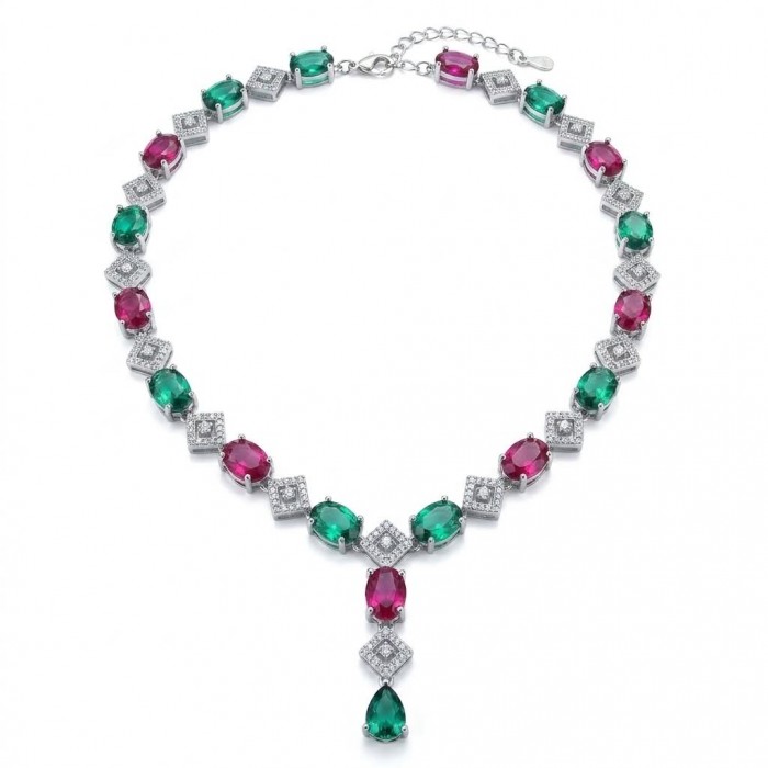 Francesca - Luxurious natural 19.8 carat Ruby Emerald .925 Sterling Silver handmade Statement necklace