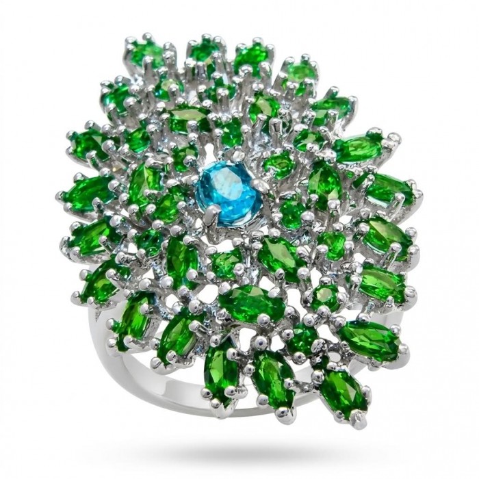 Fiammetta oval cut 2.2 carat Paraiba Tourmaline Tsavorite Garnet .925 Sterling Silver entirely handmade Ring size 8