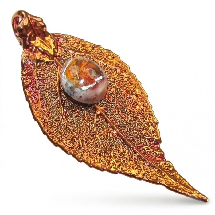 Stylish REAL Leaf dipped in copper Mexican Opal .925 Sterling Silver and Copper Pendant