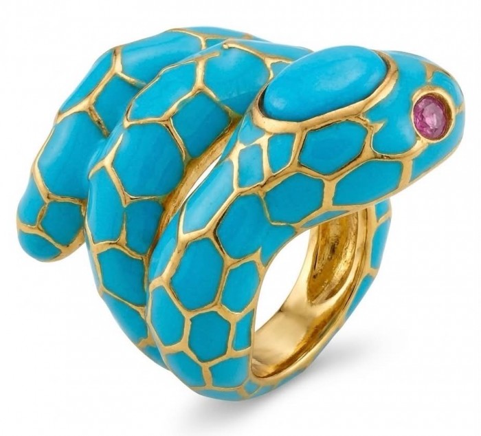 Blue Snake inlay Truquoise Enamel 2.6 carat natural Turquoise 18K Gold over .925 Sterling Silver Huge handcrafted Ring s. 8