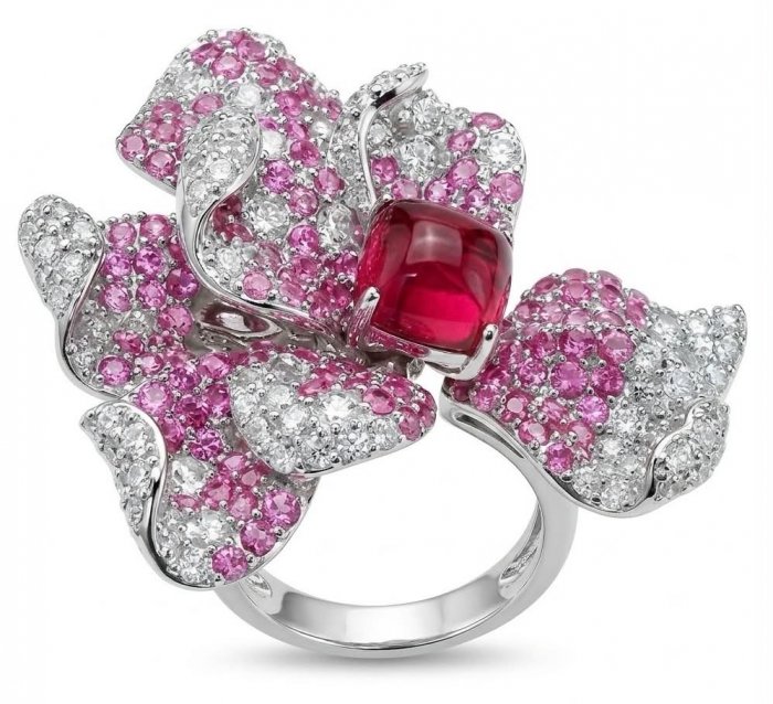 Wild Hibiscus 34.2 carat authentic Mozambique Ruby White Sapphire .925 Sterling Silver handcrafted Statement Ring size 6 - video