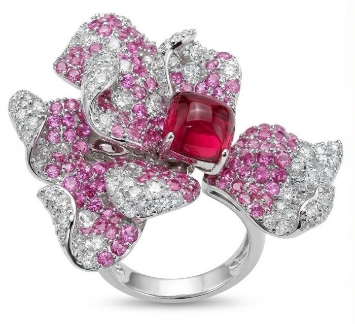 Wild Hibiscus 34.2 carat authentic Mozambique Ruby White Sapphire .925 Sterling Silver handcrafted Statement Ring size 6