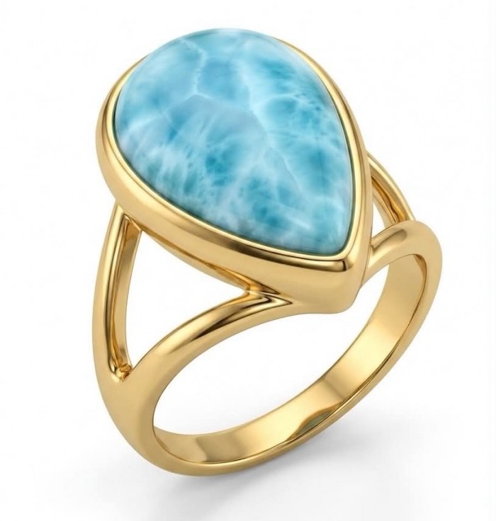 Treasure of Dominican Republic 12.5 carat genuine Larimar .925 Sterling Silver dipped in 22K Gold over Handcrafted Ring size 6