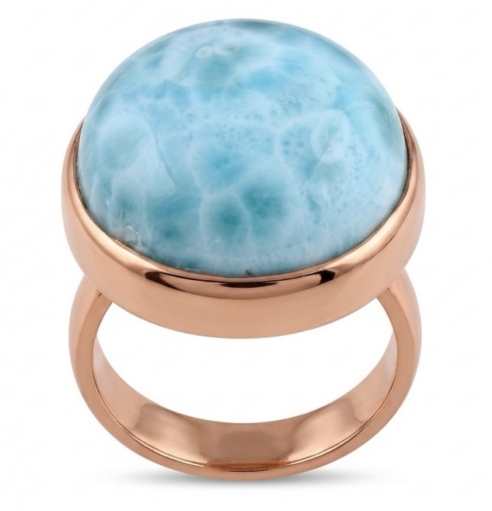 Perfection 22.9 carat Blue Larimar 22K Rose Gold over .925 Sterling Silver handmade ring size 8 adjustable