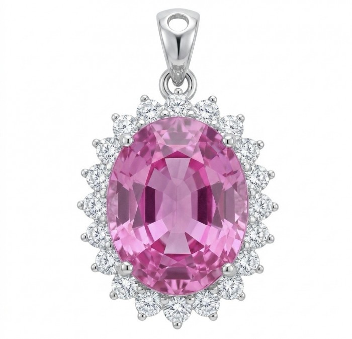 Incredible oval cut 15.8 carat Pink Sapphire .925 Sterling Silver handcrafted pendant