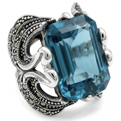 Two Swans Authentic 27.4 carat Aquamarine .925 Sterling Silver brilliantly handcrafted large Statement Ring size 8