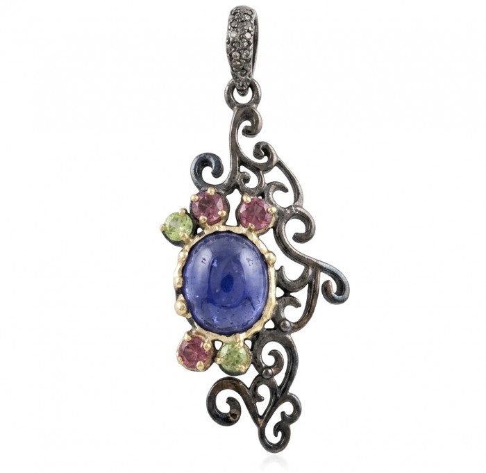 Summer Fiesta 9.5 carat natural Tanzanite black rhodium over .925 Sterling Silver Handcrafted Pendant