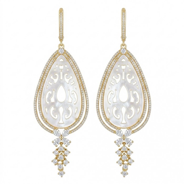 Genuine Blister Pearl lab grown Diamond 18K Gold over .925 Sterling Silver handcrafted Long Statement Earrings