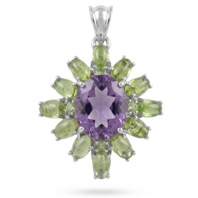 Mademoiselle -12.5 carat natural Amethyst Peridot .925 Sterling Silver dipped in Rhodium handcrafted Pendant
