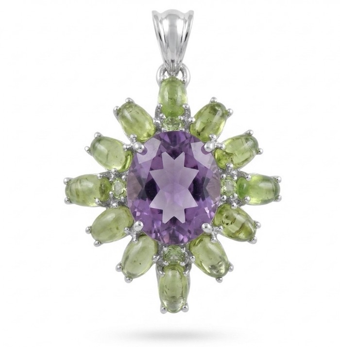 Mademoiselle -12.5 carat natural Amethyst Peridot .925 Sterling Silver dipped in Rhodium handcrafted Pendant