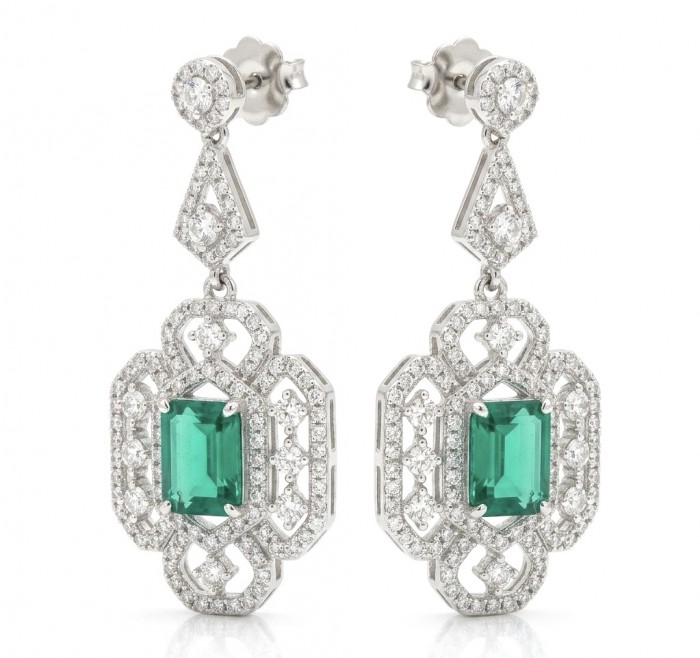 Magnificent Jewel 17.5 carat Emerald 14K white Gold over .925 Sterling Silver handcrafted earrings