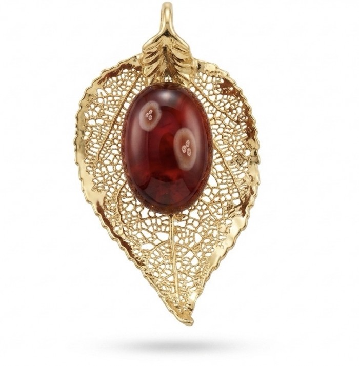 Real Leaf dipped in Sterling silver and gold Genuine 14.8 carat Garnet .925 Sterling Silver handcrafted Statement pendant