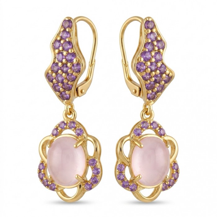 Scarlett 10.5 carat Rose Quartz Amethyst 22K Gold over .925 Sterling Silver handcrafted Statement Earrings