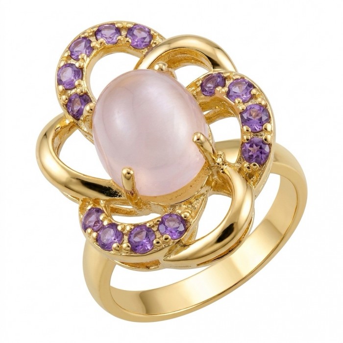 Scarlett 5.5 carat Rose Quartz Amethyst 22K Gold over .925 Sterling Silver handcrafted Statement Ring size 8