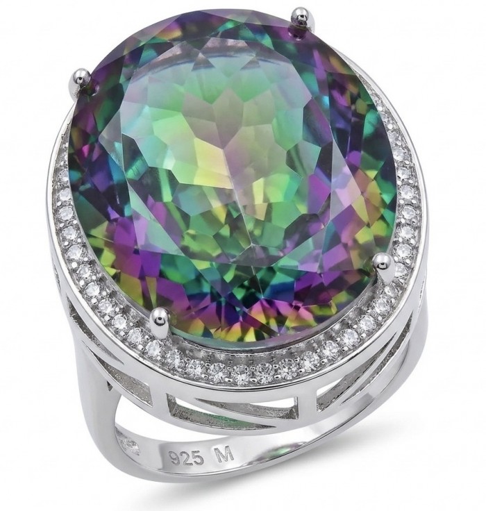 Massive 25.8 carat Mystic Topaz .925 Sterling Silver handcrafted Large ring size 7