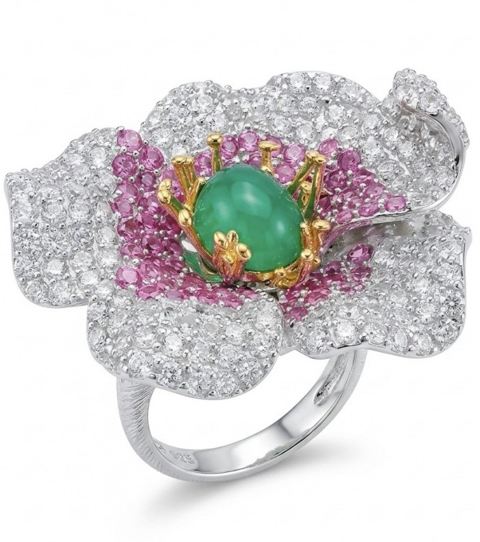 Dolce Vita Imperial Green Jadeite 2 tones .925 Sterling Silver dipped in rhodium handmade Cocktail Ring s. 7