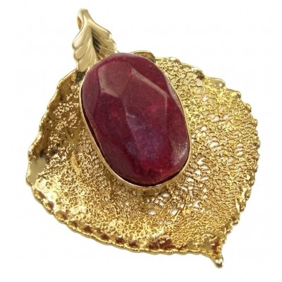 REAL Leaf dipped in copper Ruby stone 22.2 Golden Topaz & .925 Sterling Silver Pendant